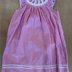 Pink Gingham Kids Dress with Flamingo Embroidery